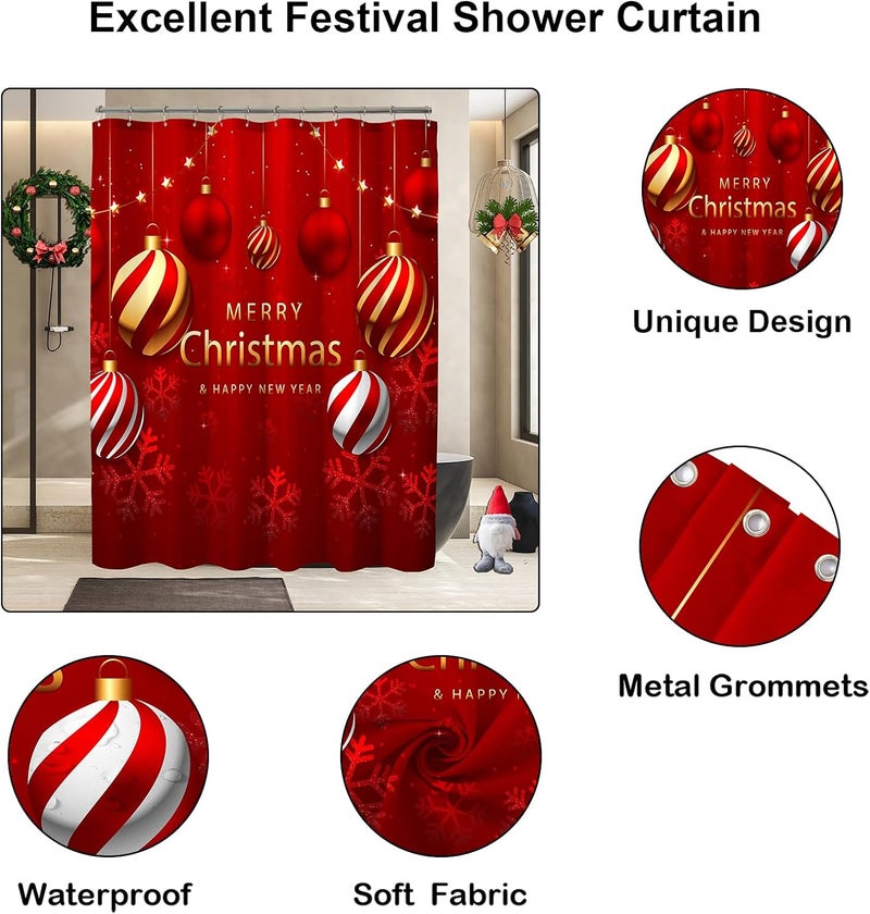 YOSTEV Christmas Shower Curtain, Red Balls Christmas Snowflakes Shower Curtains for Bathroom, Winter Holiday Xmas Funny Glitter Sparkle Fabric Cloth Bath Curtain Decoration, 72x72 Inch - Image 3